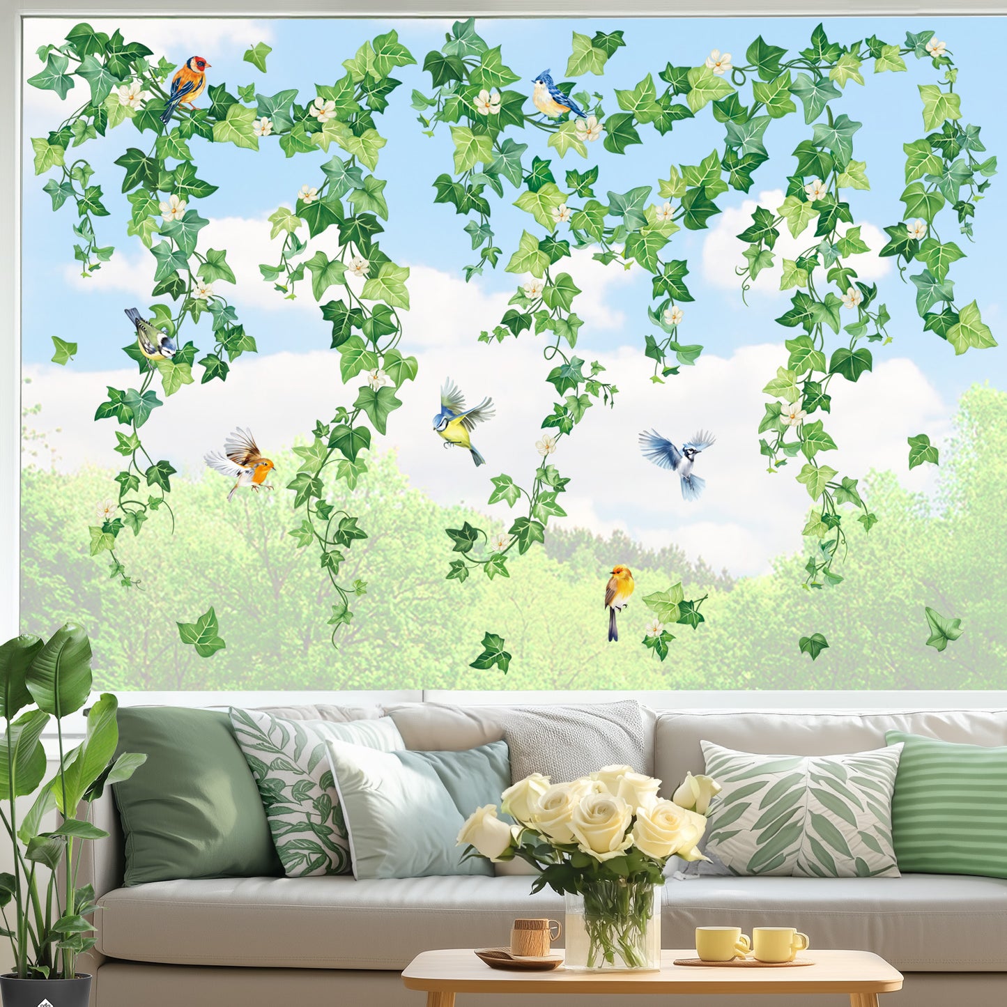 decalmile Hanging Green Vine Double Sided Window Clings Spring Ivy Leaves Flower Birds Anti-Collision Window Decals