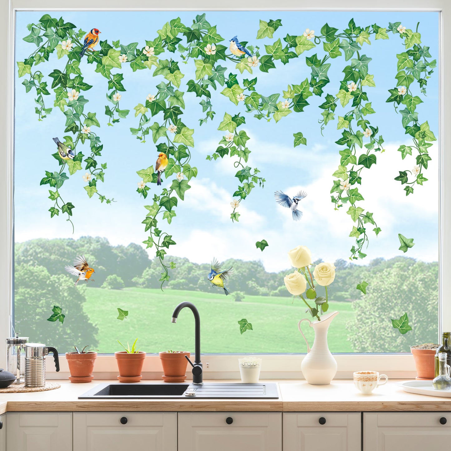 decalmile Hanging Green Vine Double Sided Window Clings Spring Ivy Leaves Flower Birds Anti-Collision Window Decals
