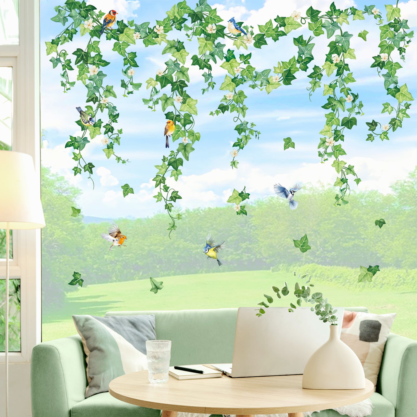 decalmile Hanging Green Vine Double Sided Window Clings Spring Ivy Leaves Flower Birds Anti-Collision Window Decals