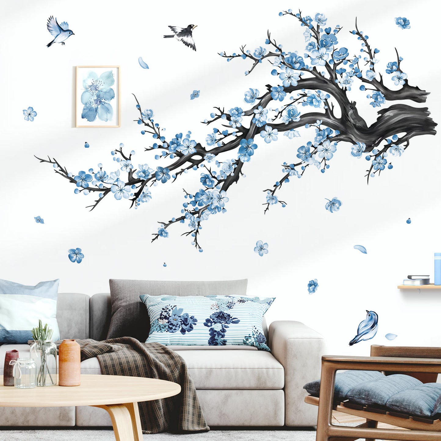 decalmile Blue Flower Branch Wall Decals Watercolor Blossom Floral Tree Branches Wall Stickers