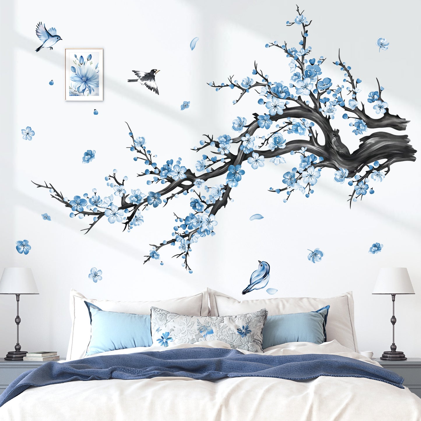 decalmile Blue Flower Branch Wall Decals Watercolor Blossom Floral Tree Branches Wall Stickers