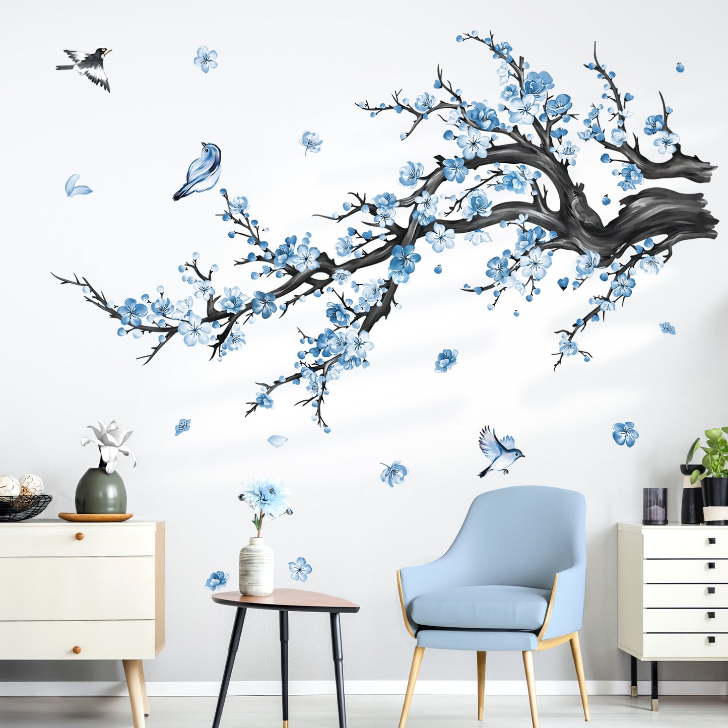 decalmile Blue Flower Branch Wall Decals Watercolor Blossom Floral Tree Branches Wall Stickers