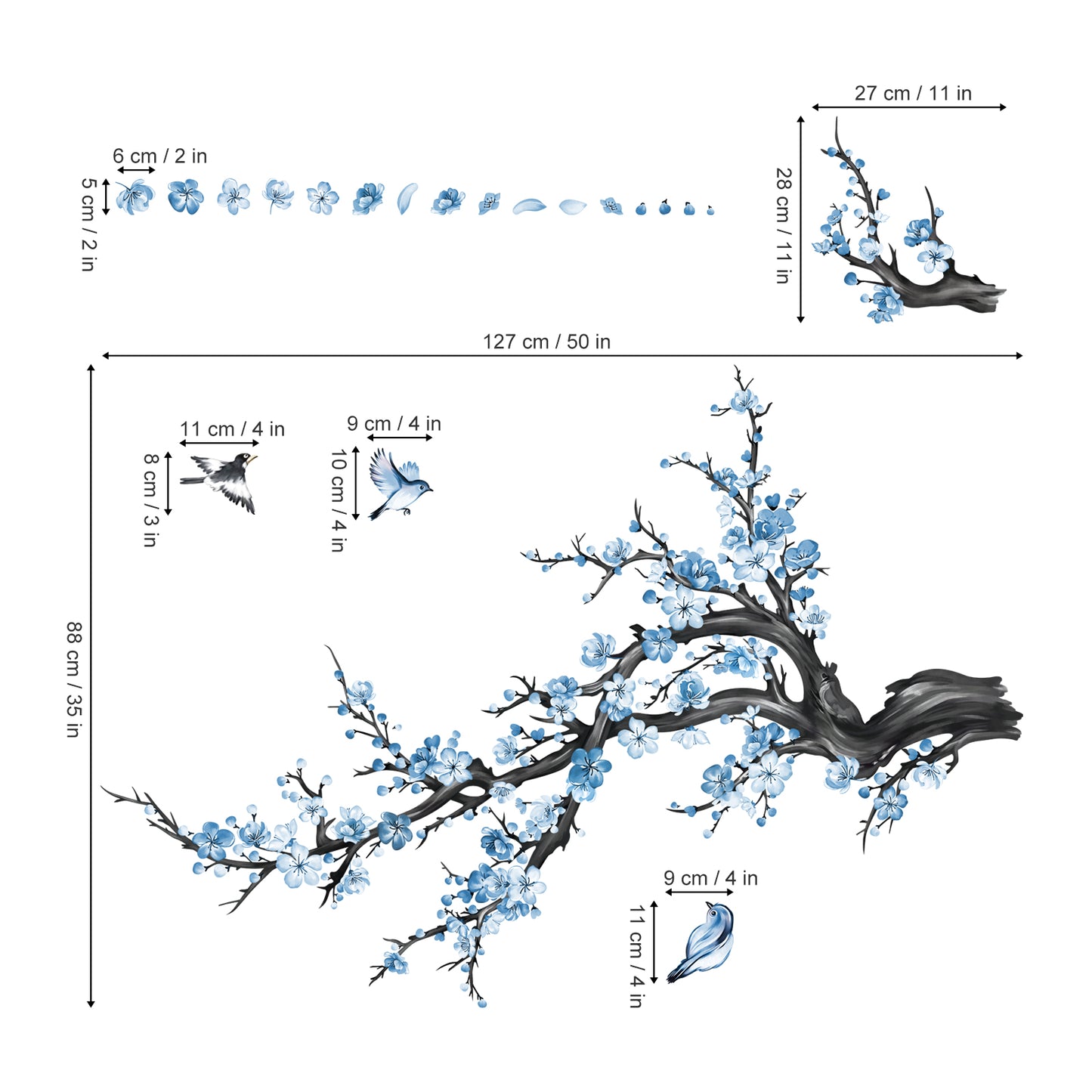 decalmile Blue Flower Branch Wall Decals Watercolor Blossom Floral Tree Branches Wall Stickers