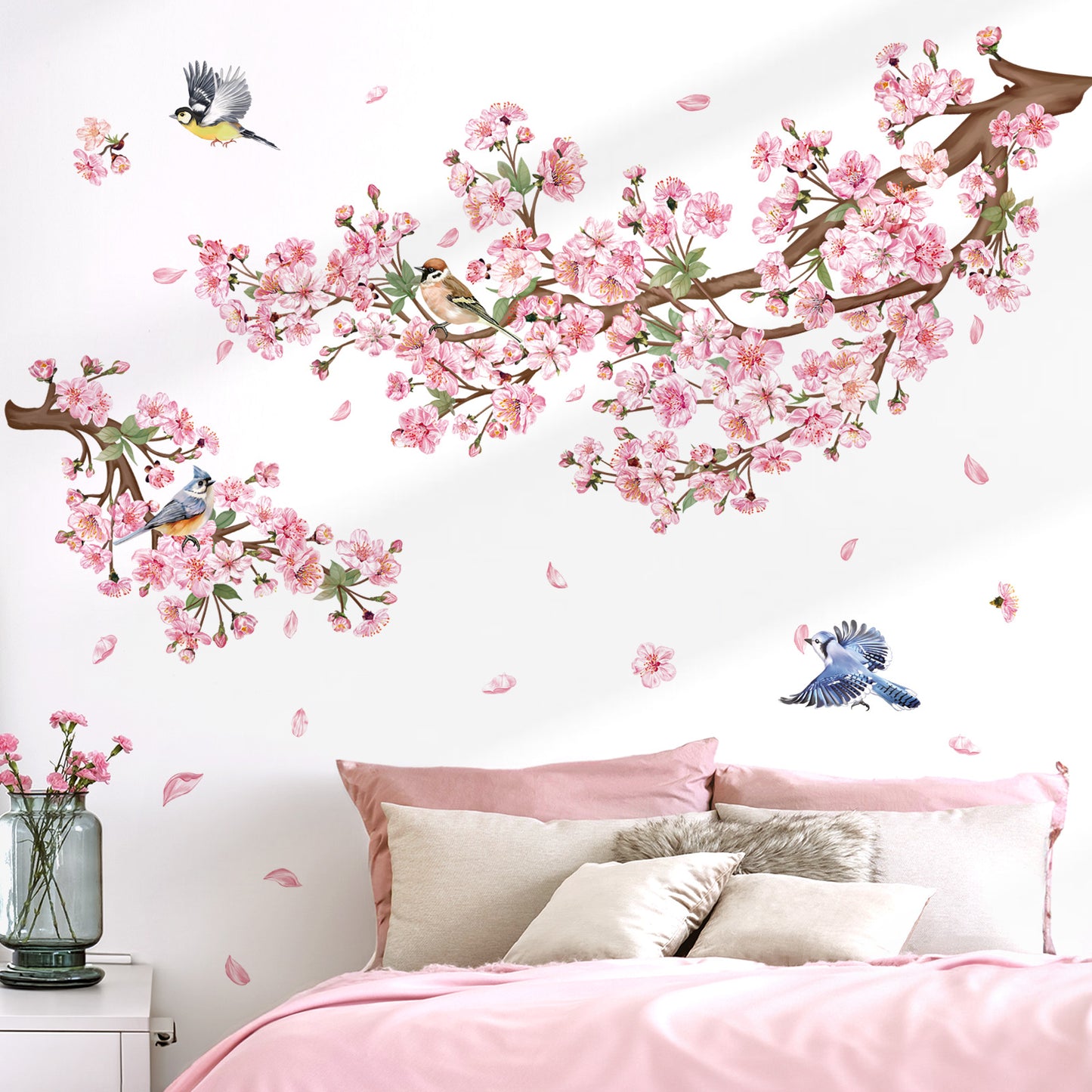 decalmile Cherry Blossom Branch Wall Decals Pink Floral Birds Wall Stickers