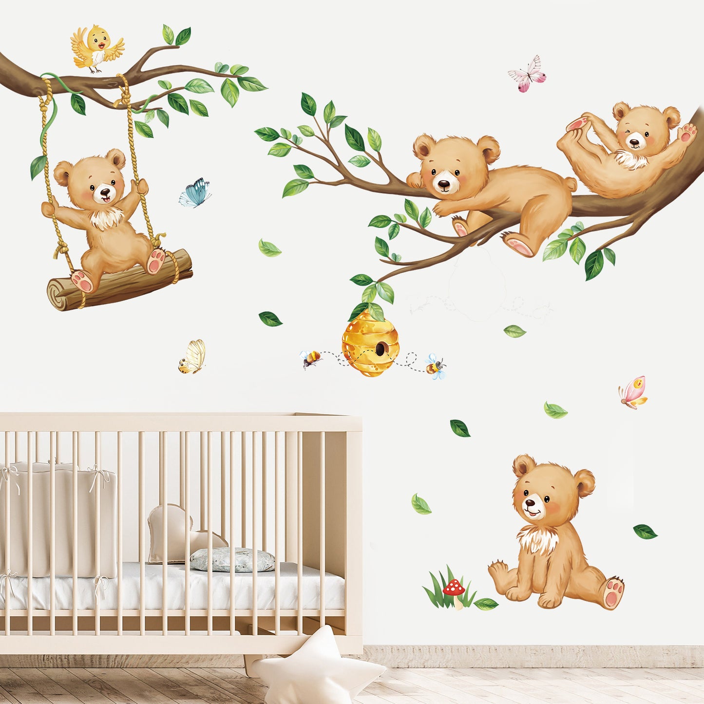 decalmile Woodland Bear Wall Decals Animal Tree Branch Wall Stickers