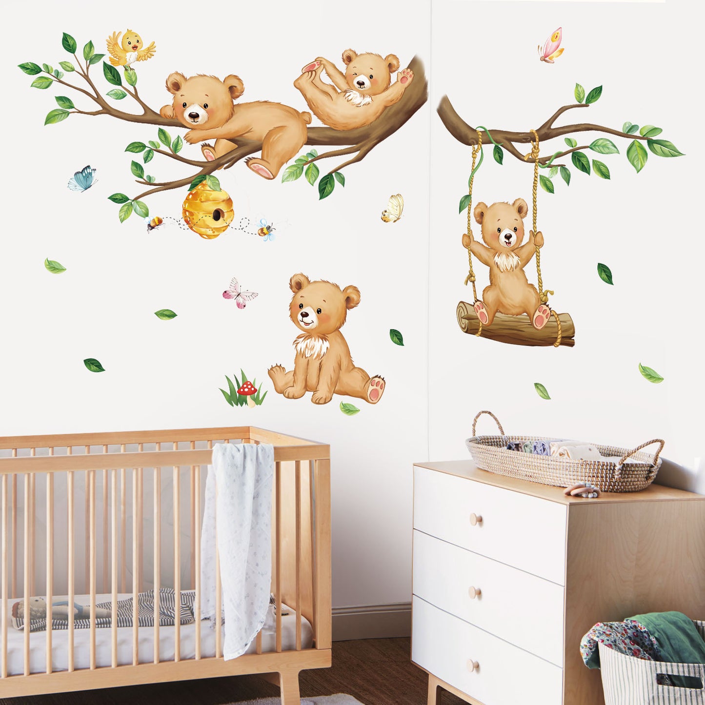 decalmile Woodland Bear Wall Decals Animal Tree Branch Wall Stickers