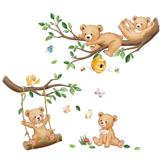 decalmile Woodland Bear Wall Decals Animal Tree Branch Wall Stickers