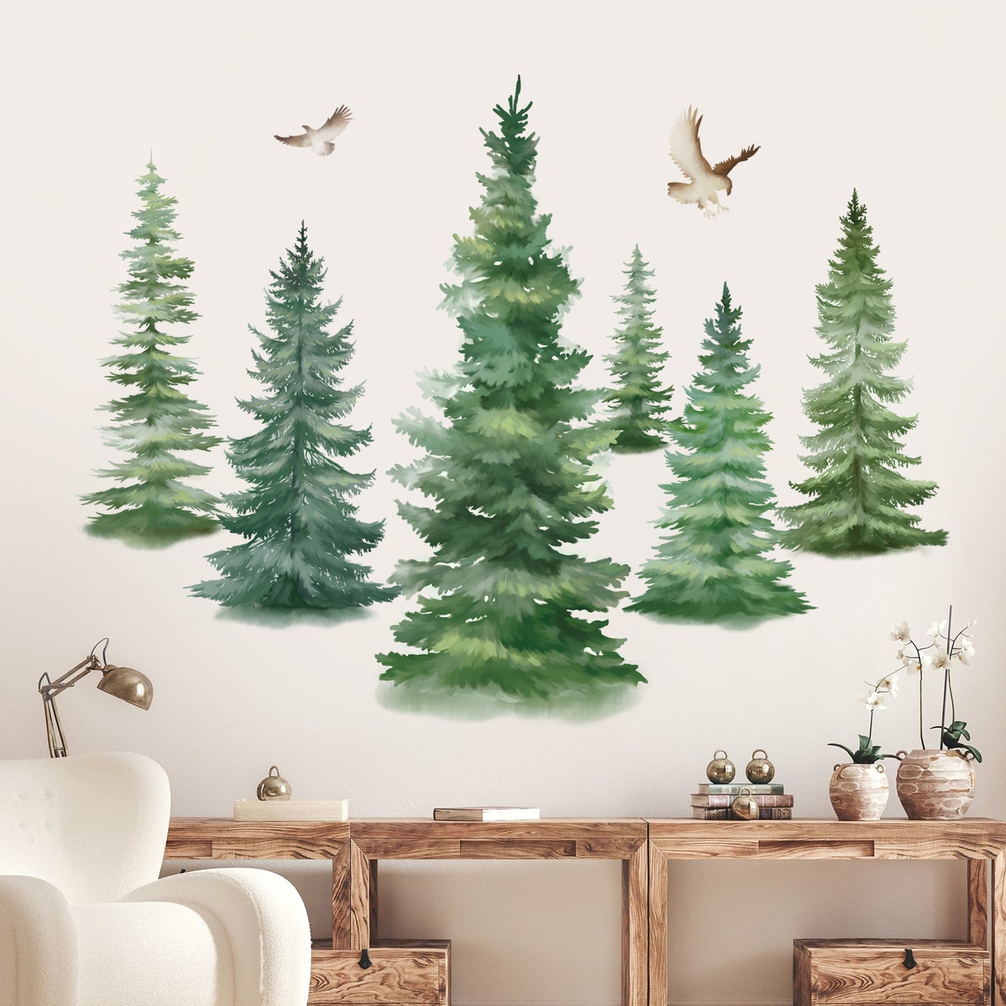 decalmile 6 Watercolor Pine Tree Wall Decals Christmas Woodland Wall Stickers (H: 37inches)