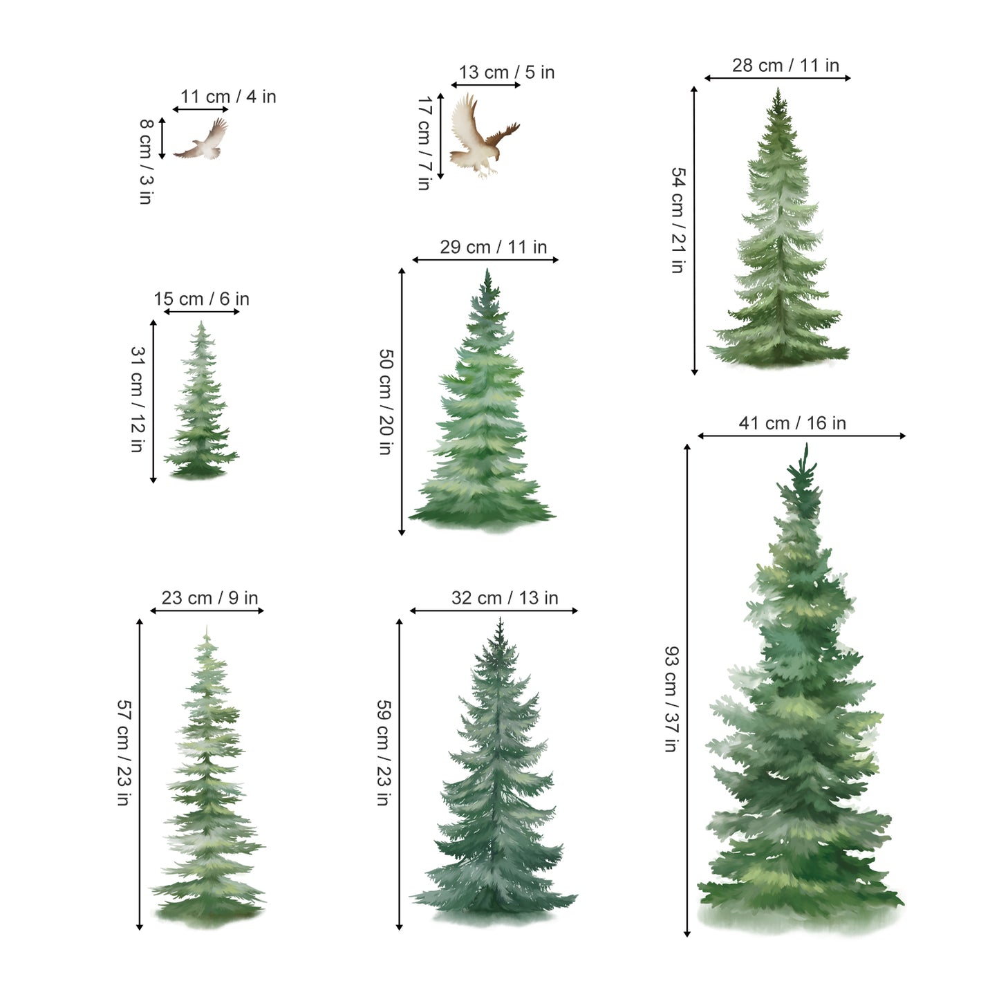 decalmile 6 Watercolor Pine Tree Wall Decals Christmas Woodland Wall Stickers (H: 37inches)