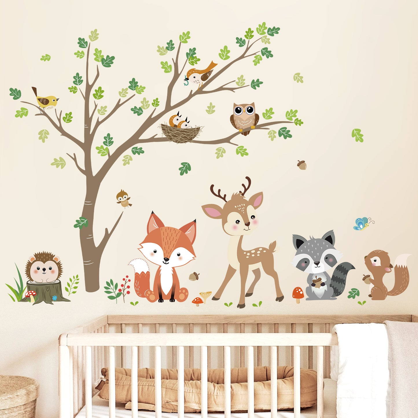 decalmile Woodland Animals Tree Wall Stickers Fox Deer Owl Wall Decals