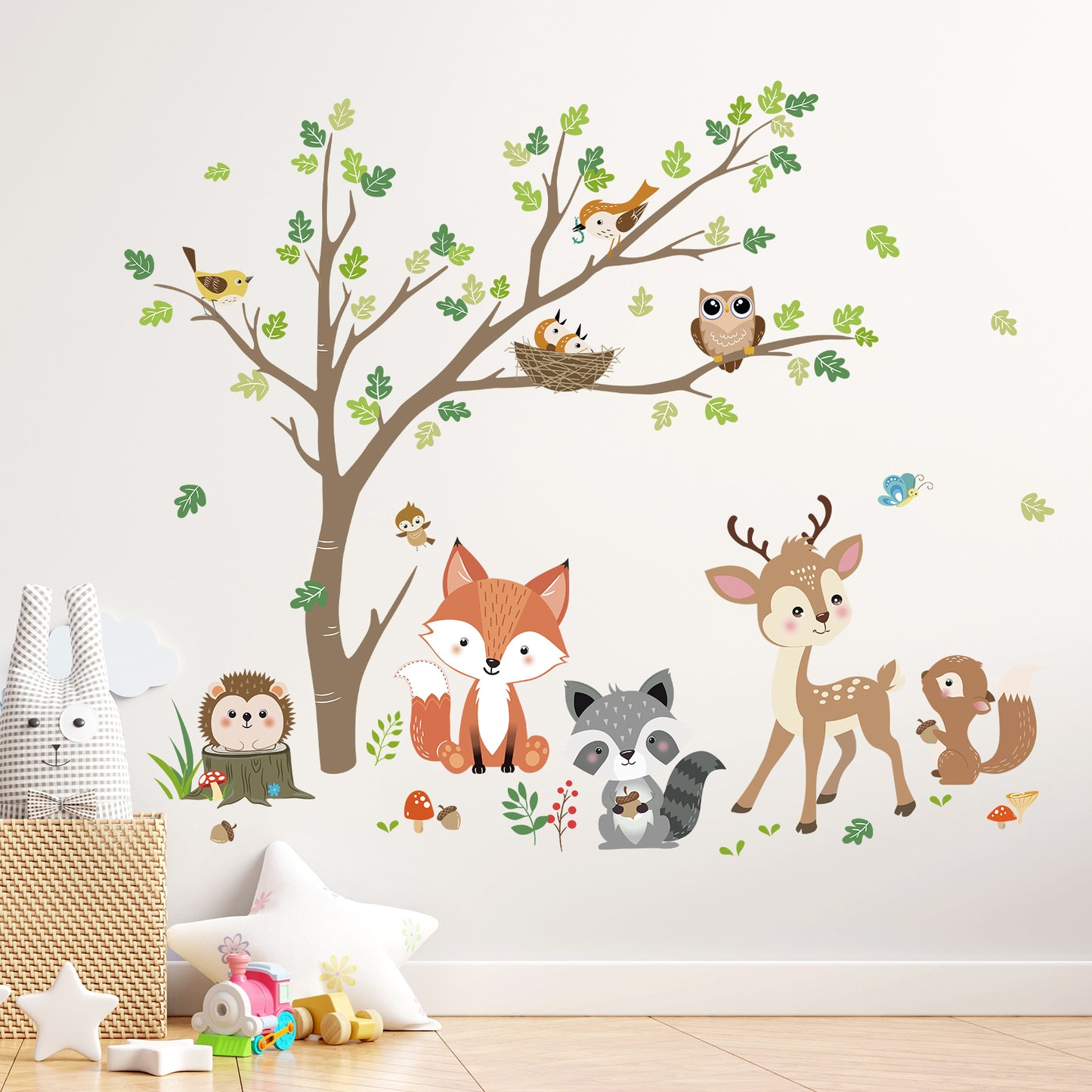 decalmile Woodland Animals Tree Wall Stickers Fox Deer Owl Wall Decals