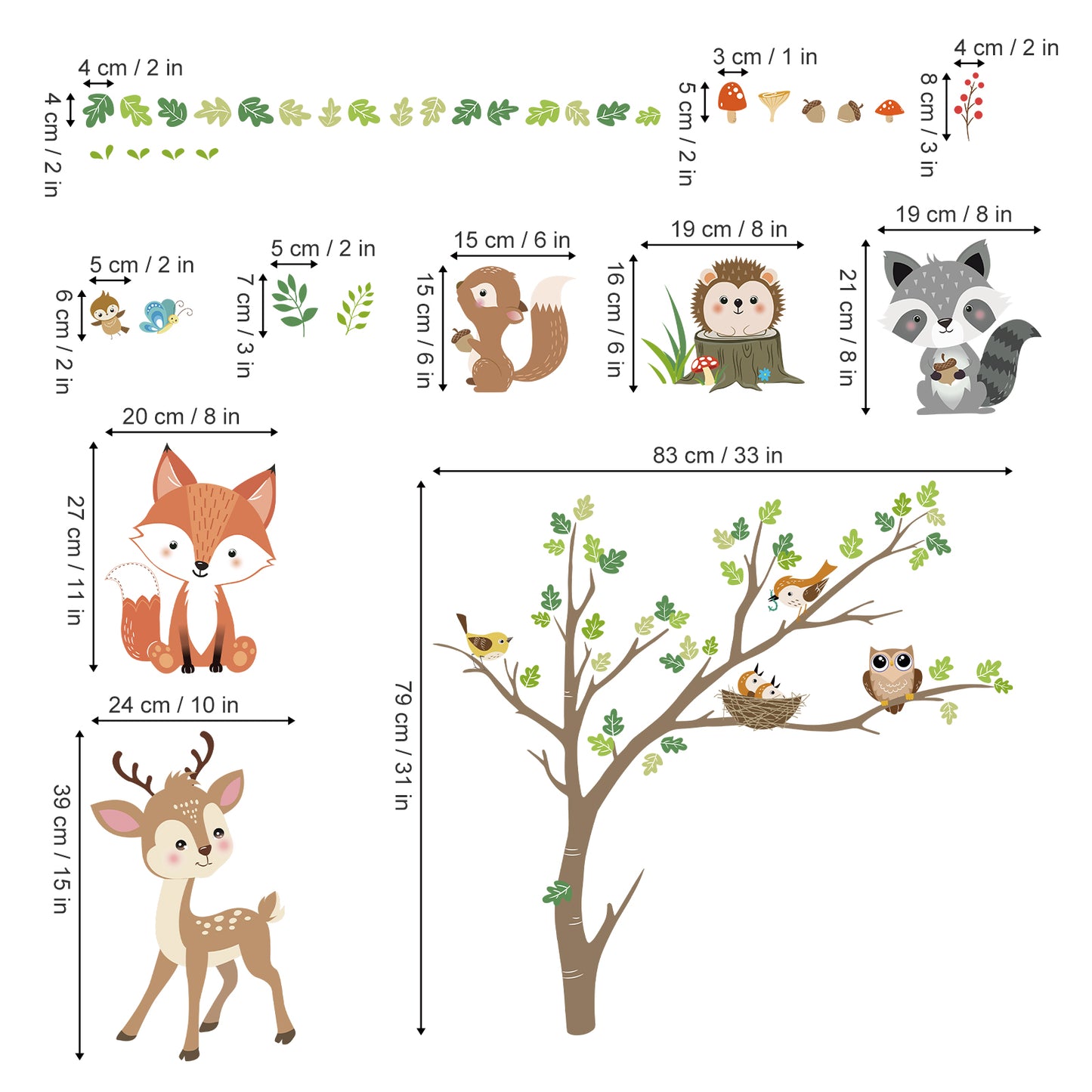 decalmile Woodland Animals Tree Wall Stickers Fox Deer Owl Wall Decals