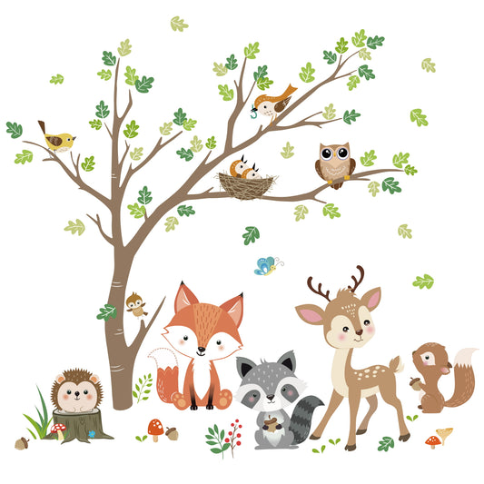 decalmile Woodland Animals Tree Wall Stickers Fox Deer Owl Wall Decals
