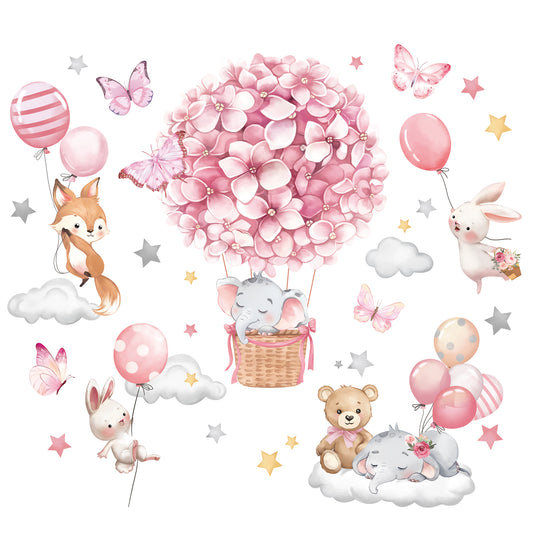 decalmile Animals Hot Air Balloon Wall Decals Flowers Balloons Elephant Bear Wall Stickers