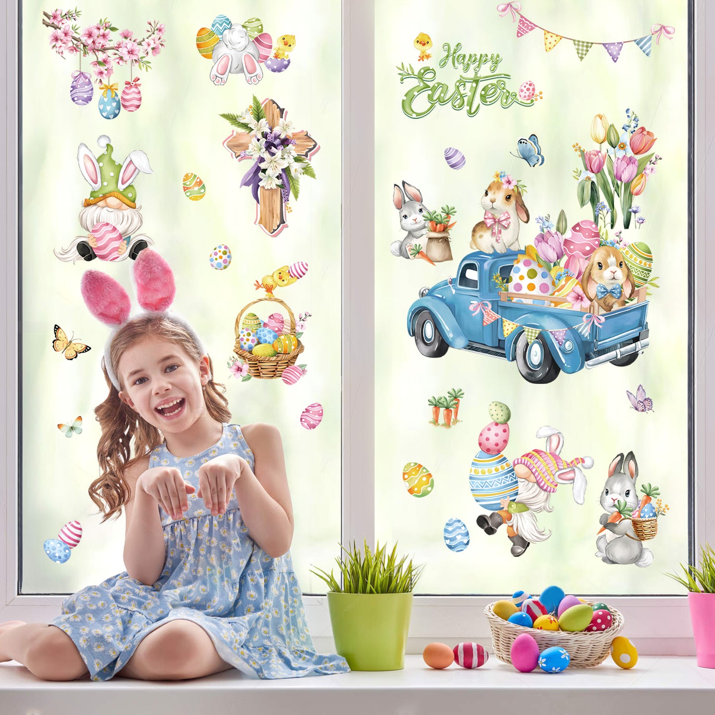 decalmile Easter Bunny Window Clings Easter Eggs Gnome Truck Flower Anti-Collision Window Decals
