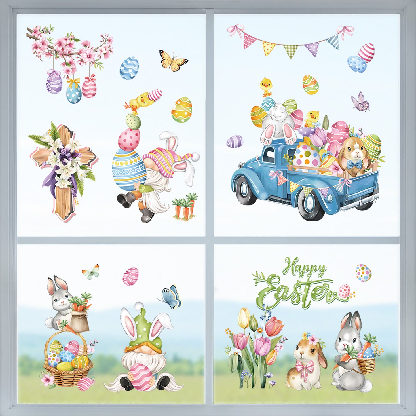 decalmile Easter Bunny Window Clings Easter Eggs Gnome Truck Flower Anti-Collision Window Decals