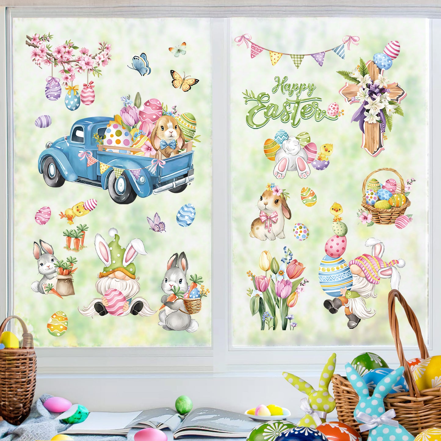decalmile Easter Bunny Window Clings Easter Eggs Gnome Truck Flower Anti-Collision Window Decals