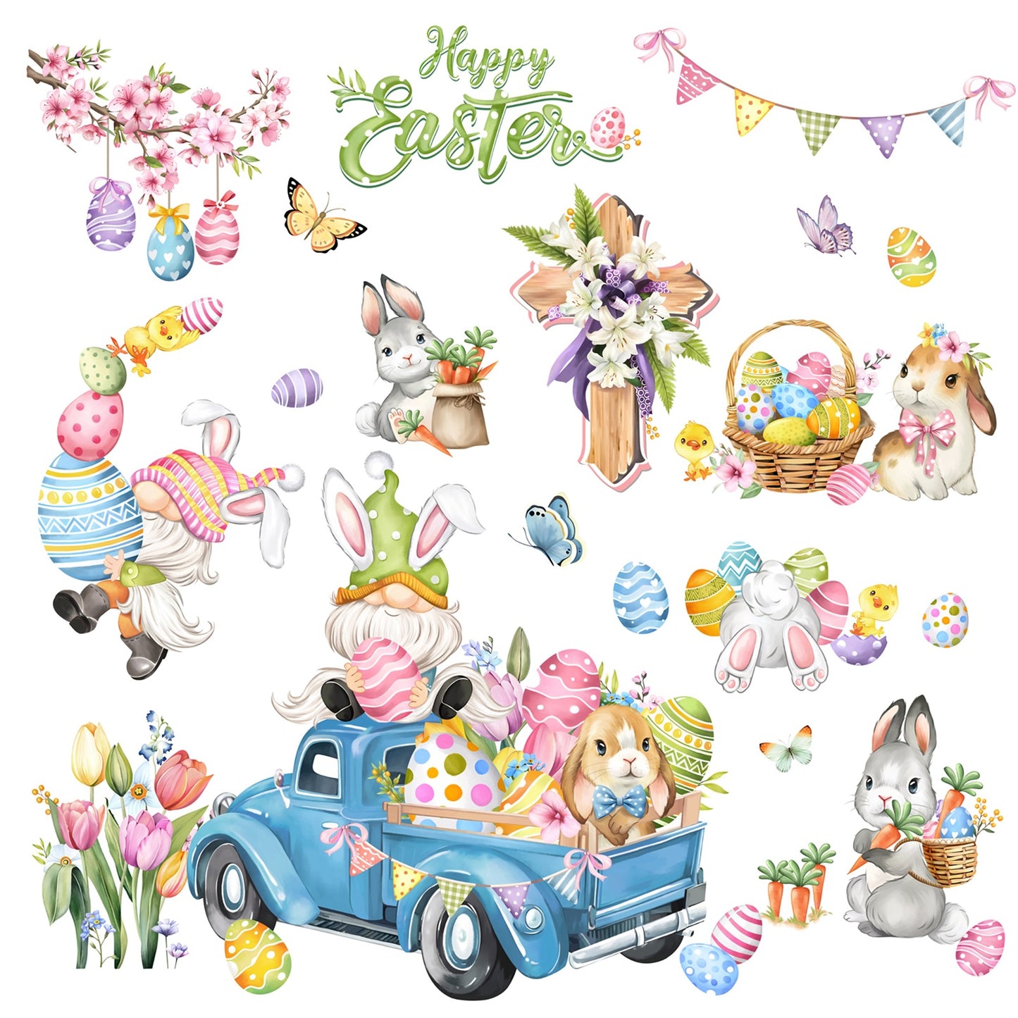 decalmile Easter Bunny Window Clings Easter Eggs Gnome Truck Flower Anti-Collision Window Decals