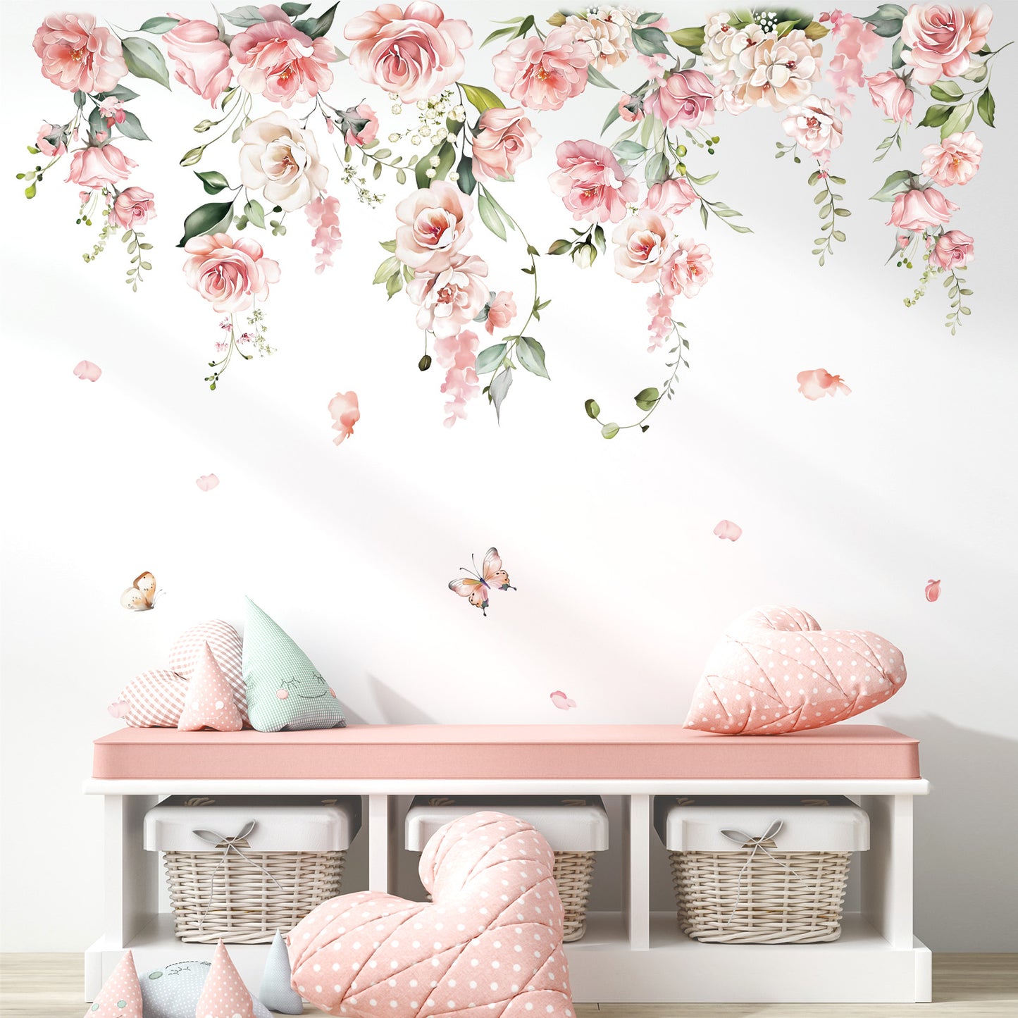 decalmile Spring Large Pink Flower Wall Decals Hanging Vine Floral Wall Stickers