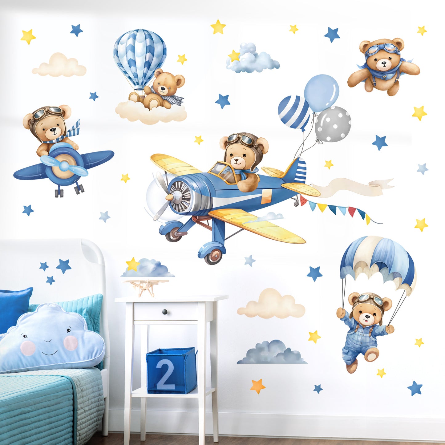 decalmile Airplane with Animals Wall Stickers Hot Air Balloon Bear Clouds Wall Decals