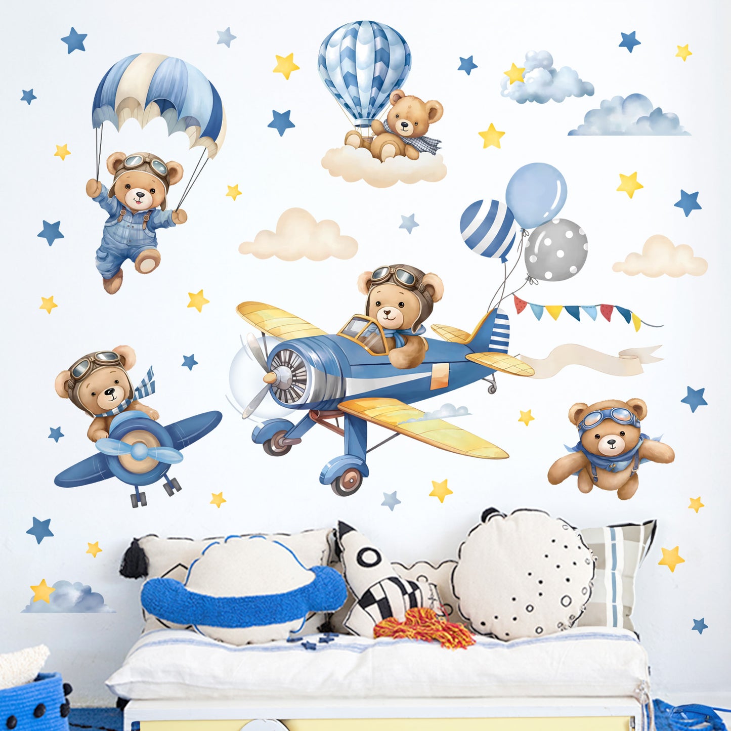 decalmile Airplane with Animals Wall Stickers Hot Air Balloon Bear Clouds Wall Decals