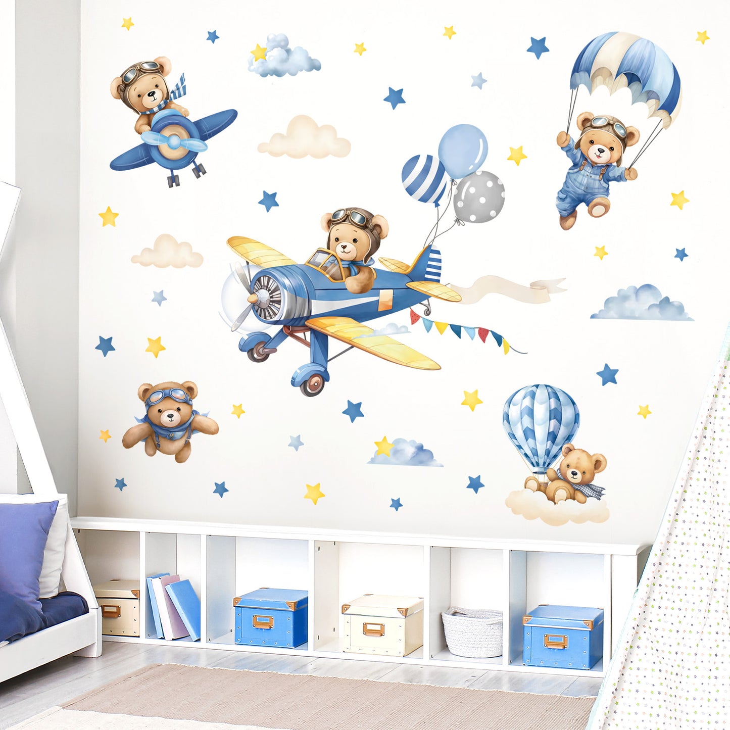 decalmile Airplane with Animals Wall Stickers Hot Air Balloon Bear Clouds Wall Decals