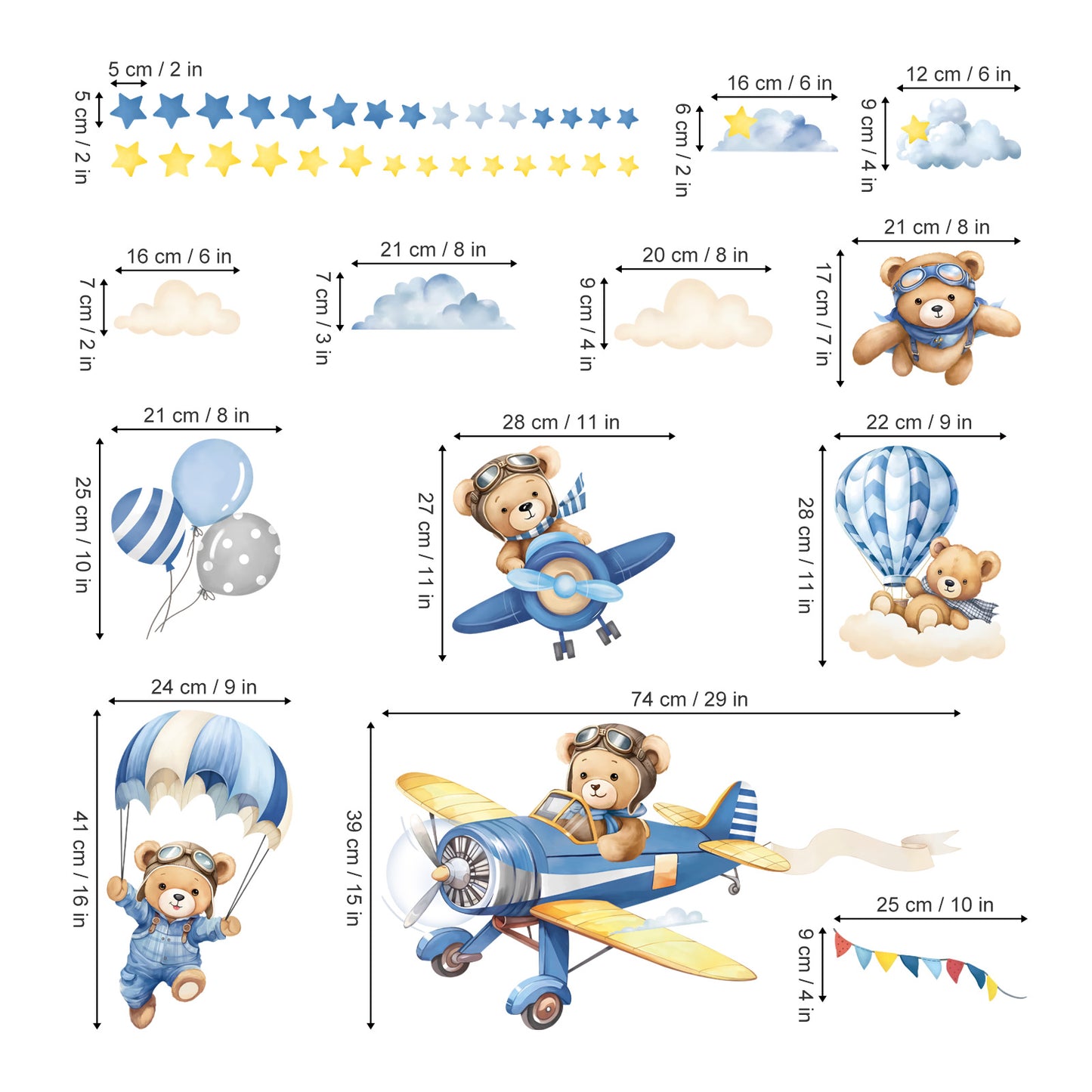 decalmile Airplane with Animals Wall Stickers Hot Air Balloon Bear Clouds Wall Decals