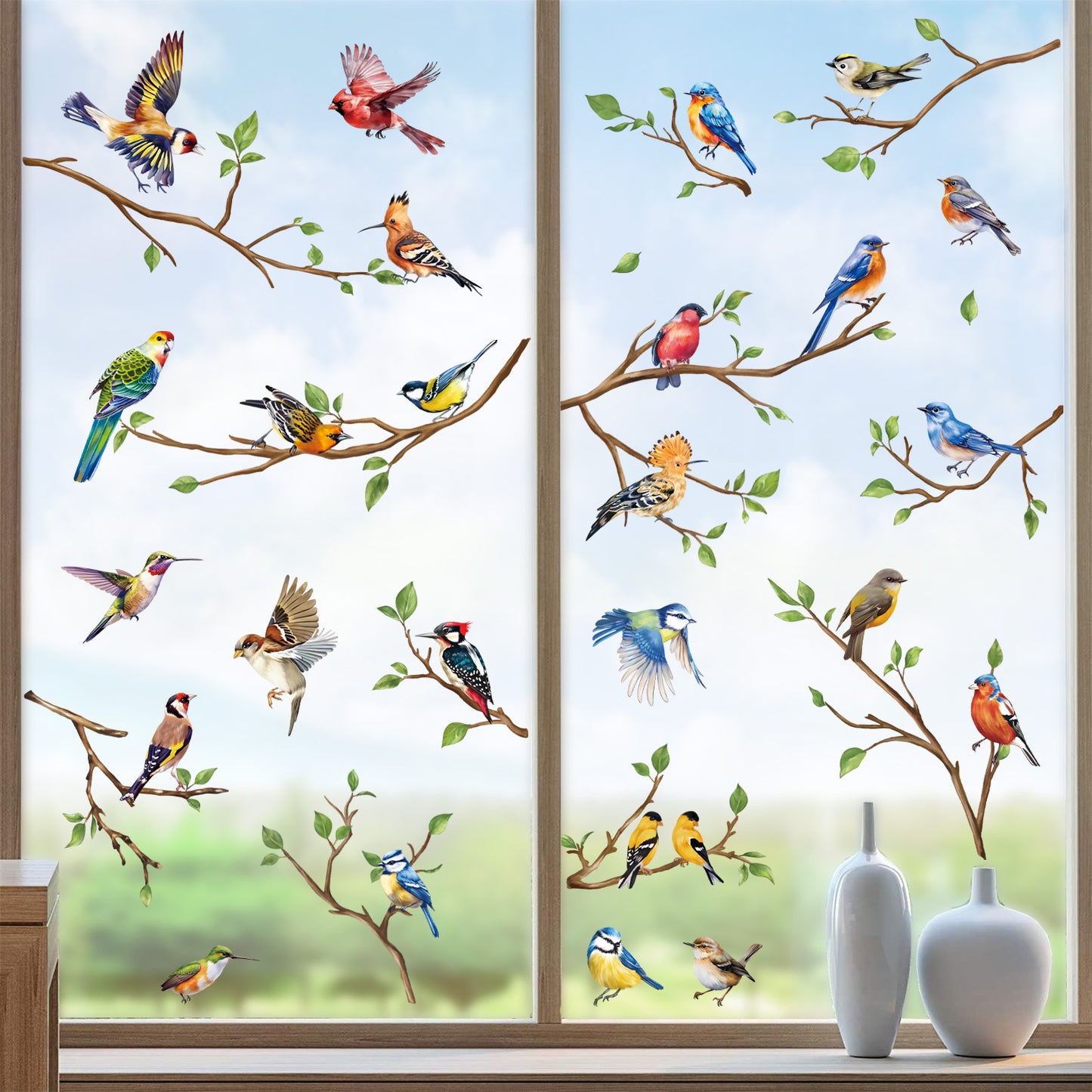 decalmile Spring Summer Birds Tree Branch Double Sided Window Clings Hummingbird Branch Anti-Collision Window Decals