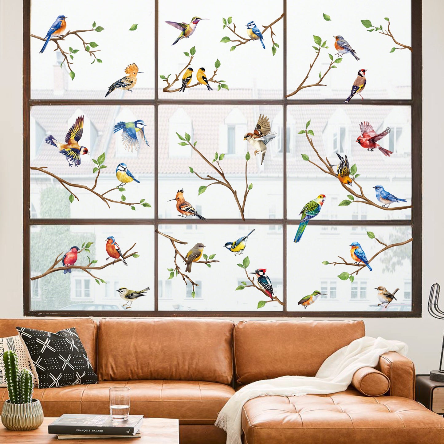 decalmile Spring Summer Birds Tree Branch Double Sided Window Clings Hummingbird Branch Anti-Collision Window Decals