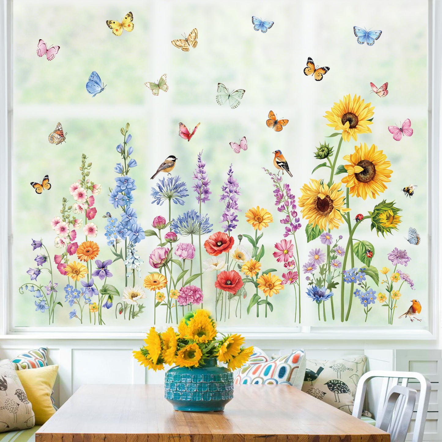 decalmile Garden Flower Double Sided Window Clings Wildflower Sunflower Butterflies Anti-Collision Window Decals
