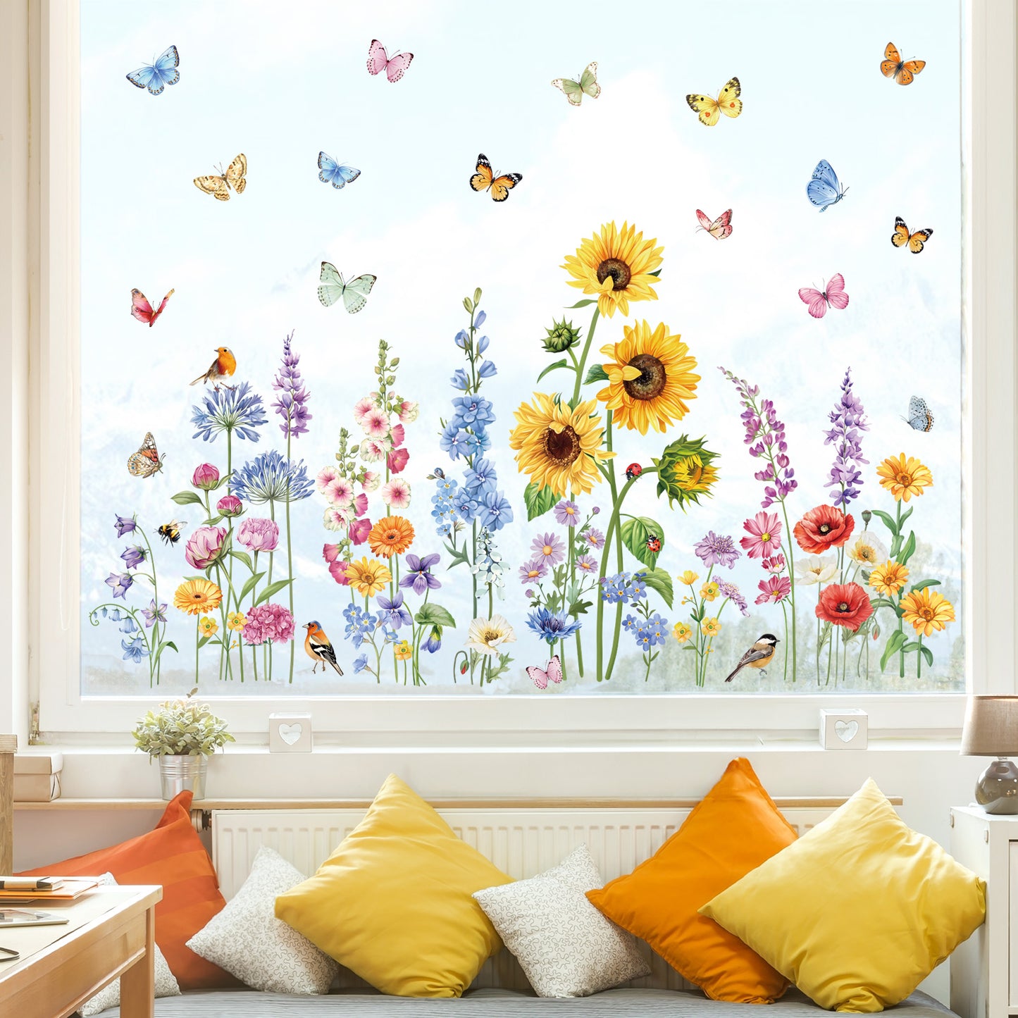 decalmile Garden Flower Double Sided Window Clings Wildflower Sunflower Butterflies Anti-Collision Window Decals