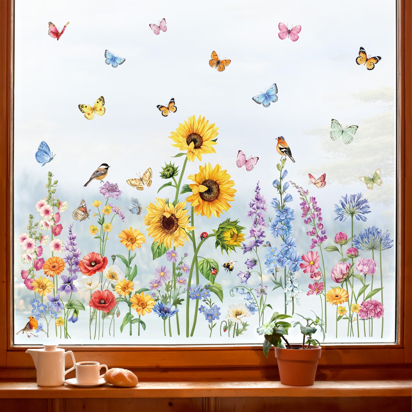 decalmile Garden Flower Double Sided Window Clings Wildflower Sunflower Butterflies Anti-Collision Window Decals