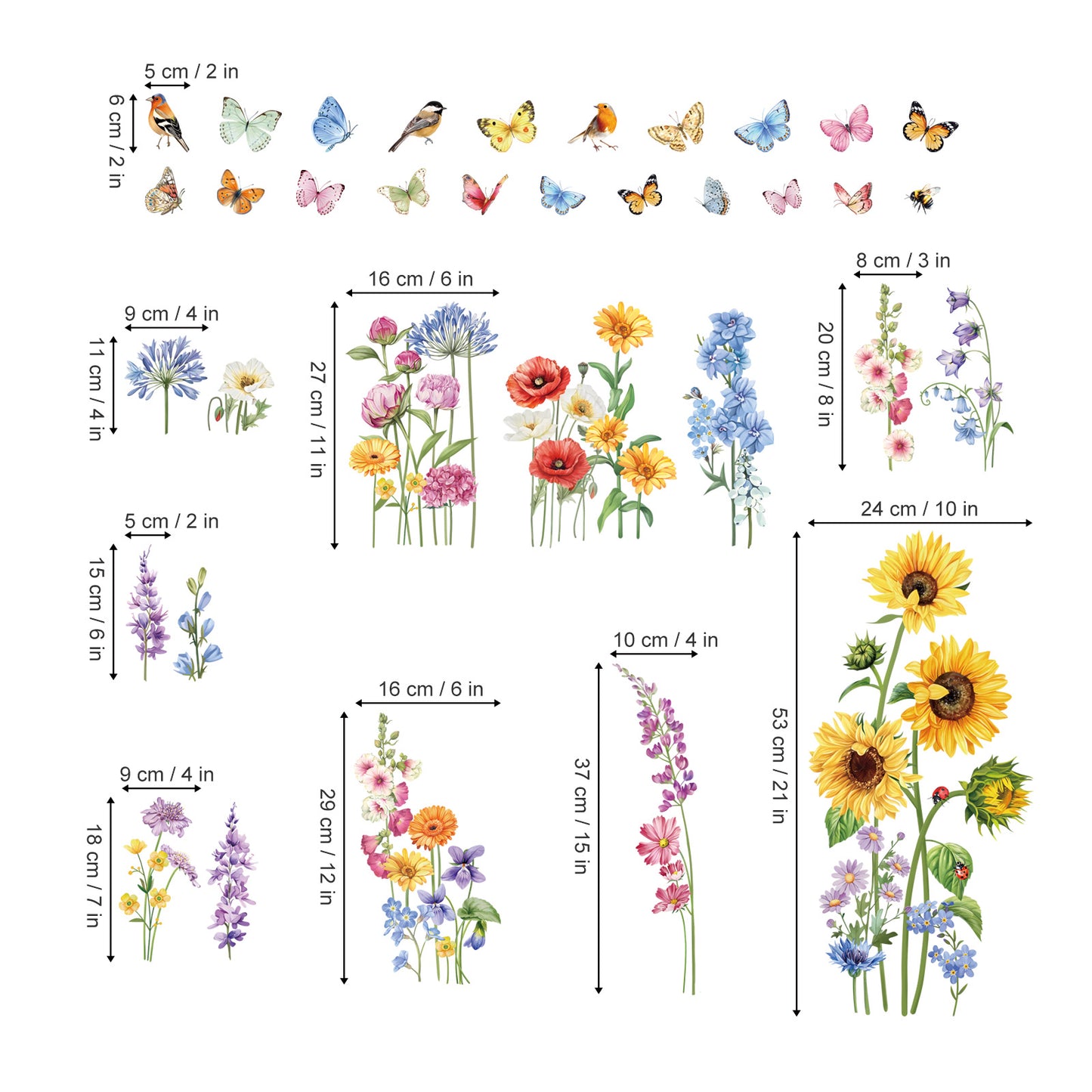 decalmile Garden Flower Double Sided Window Clings Wildflower Sunflower Butterflies Anti-Collision Window Decals