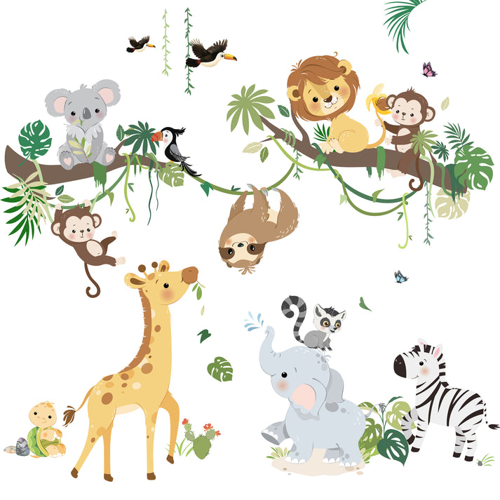 decalmile Jungle Animals Tree Branch Wall Decals Safari Monkey Giraffe ...