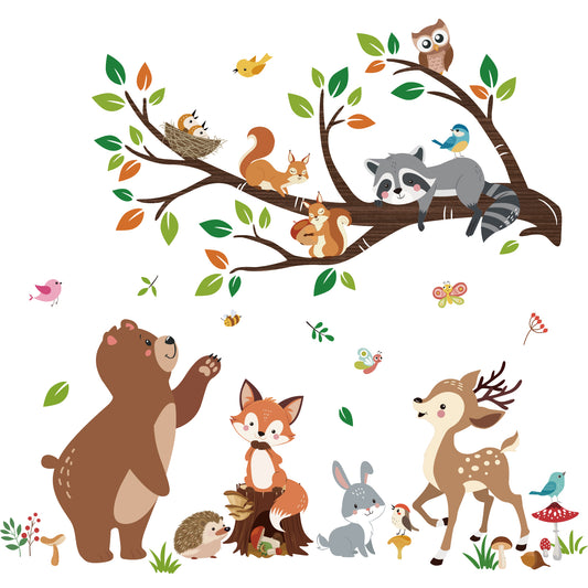 decalmile Woodland Animal Tree Branch Wall Decals Bear Fox Deer Forest Wall Stickers