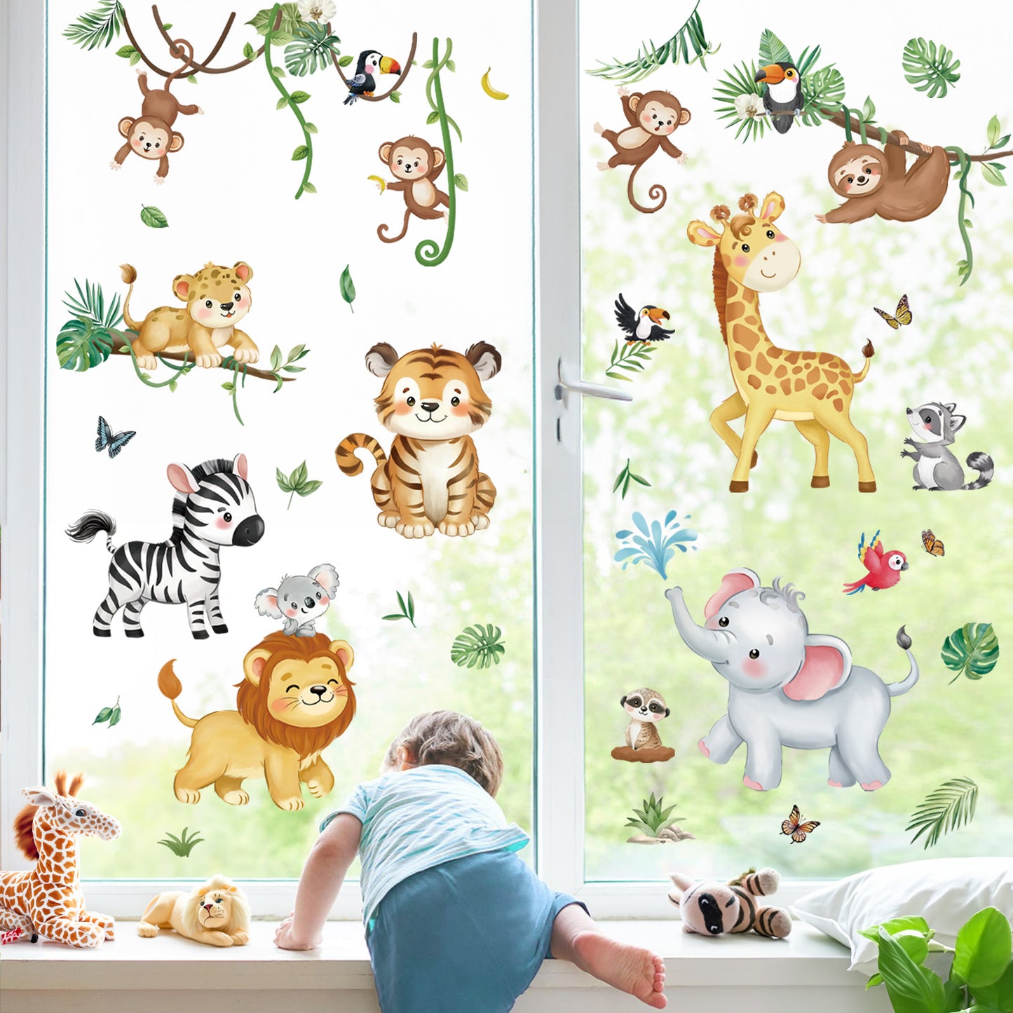 decalmile Summer Safari Jungle Animals Double Sided Window Clings Elephant Monkey Lion Giraffe Anti-Collision Window Decals