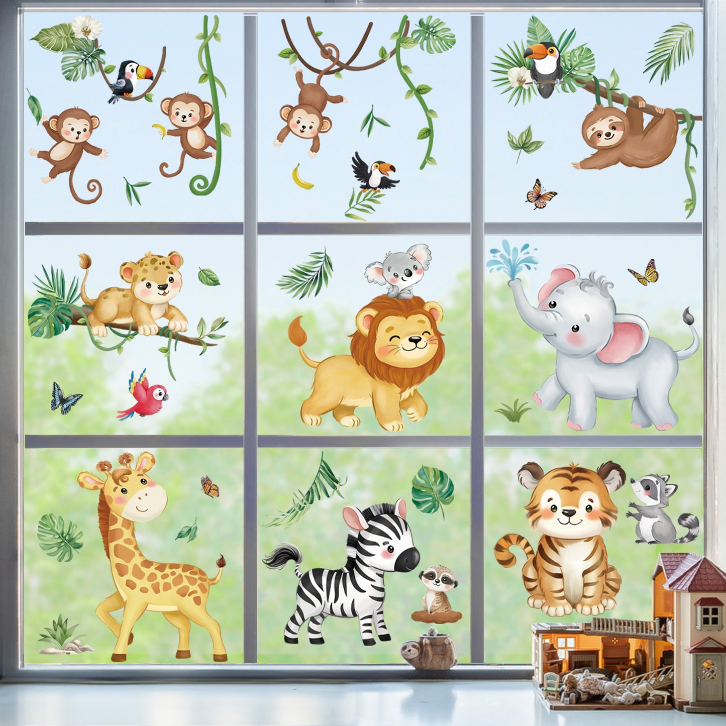 decalmile Summer Safari Jungle Animals Double Sided Window Clings Elephant Monkey Lion Giraffe Anti-Collision Window Decals
