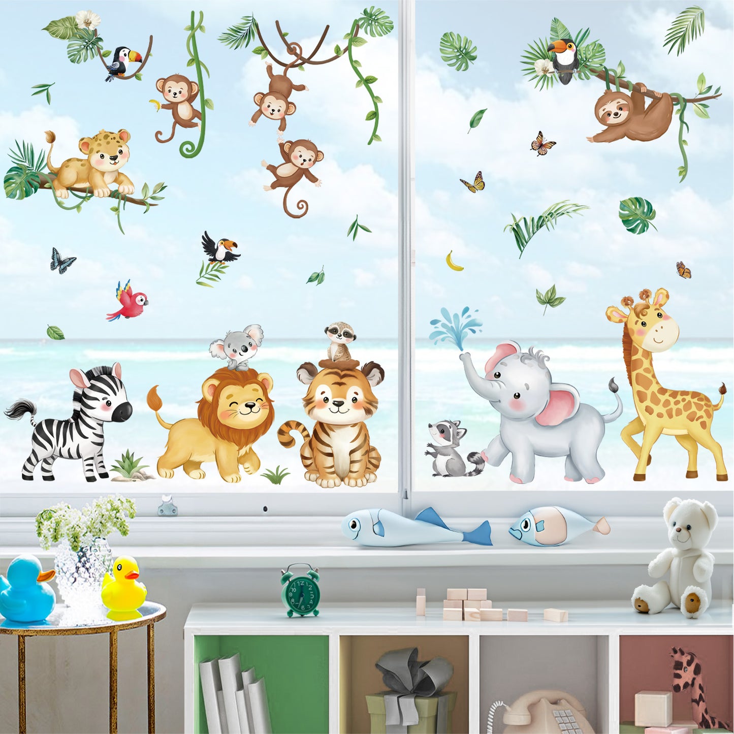 decalmile Summer Safari Jungle Animals Double Sided Window Clings Elephant Monkey Lion Giraffe Anti-Collision Window Decals