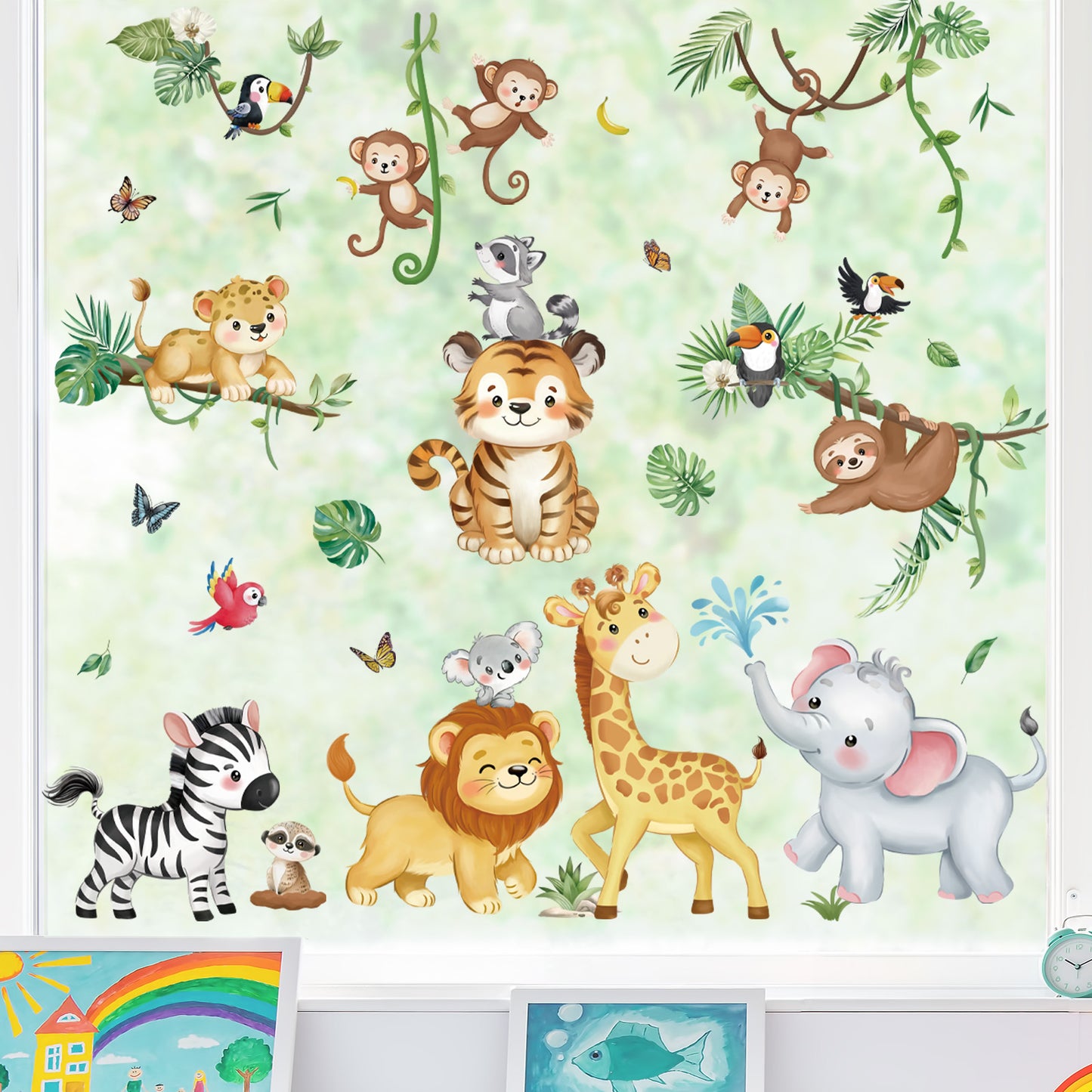 decalmile Summer Safari Jungle Animals Double Sided Window Clings Elephant Monkey Lion Giraffe Anti-Collision Window Decals