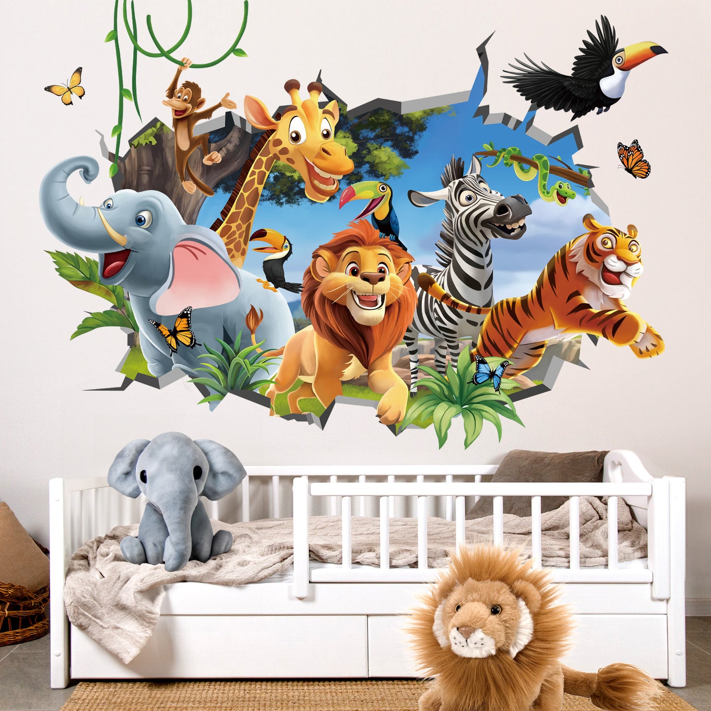 decalmile 3D Jungles Animal Wall Decals Forest Animal Elephant Lion Monkey Wall Stickers