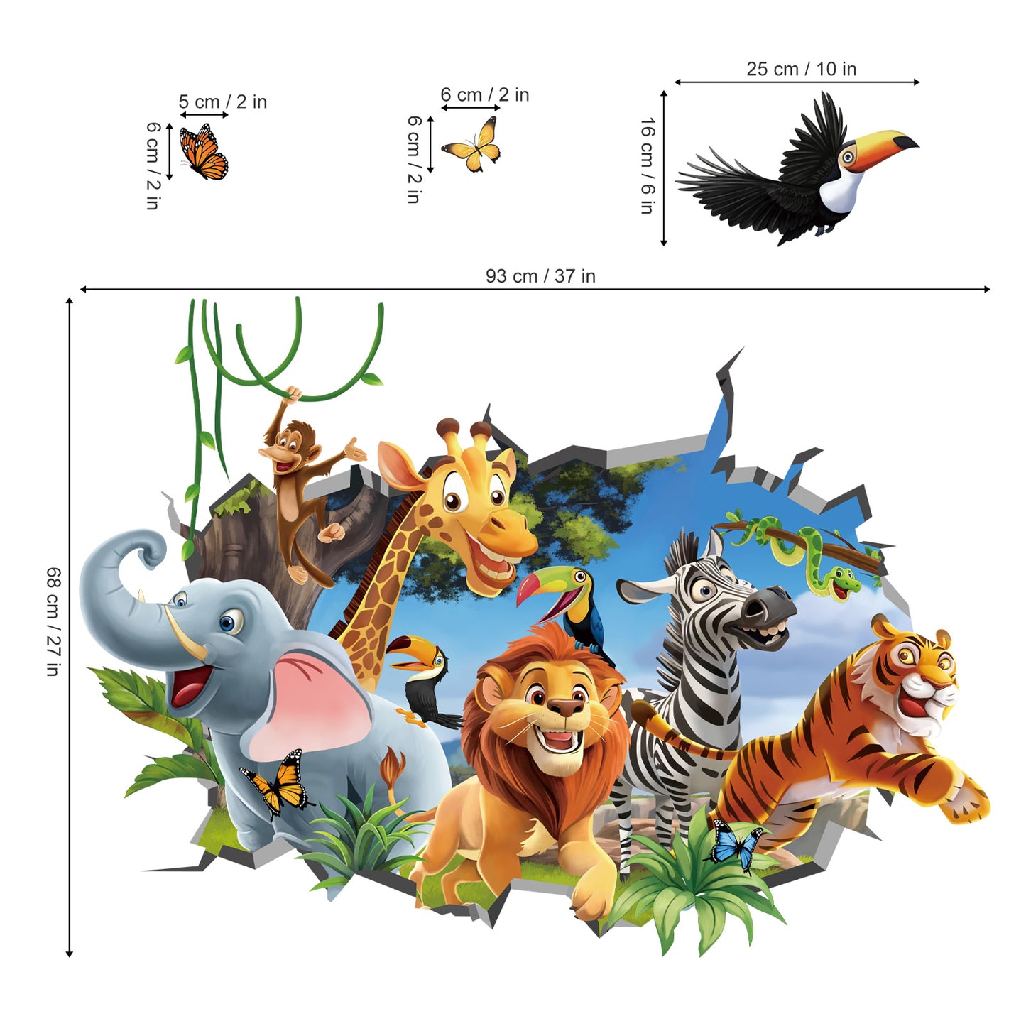 decalmile 3D Jungles Animal Wall Decals Forest Animal Elephant Lion Monkey Wall Stickers
