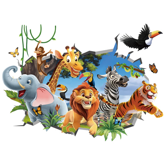 decalmile 3D Jungles Animal Wall Decals Forest Animal Elephant Lion Monkey Wall Stickers