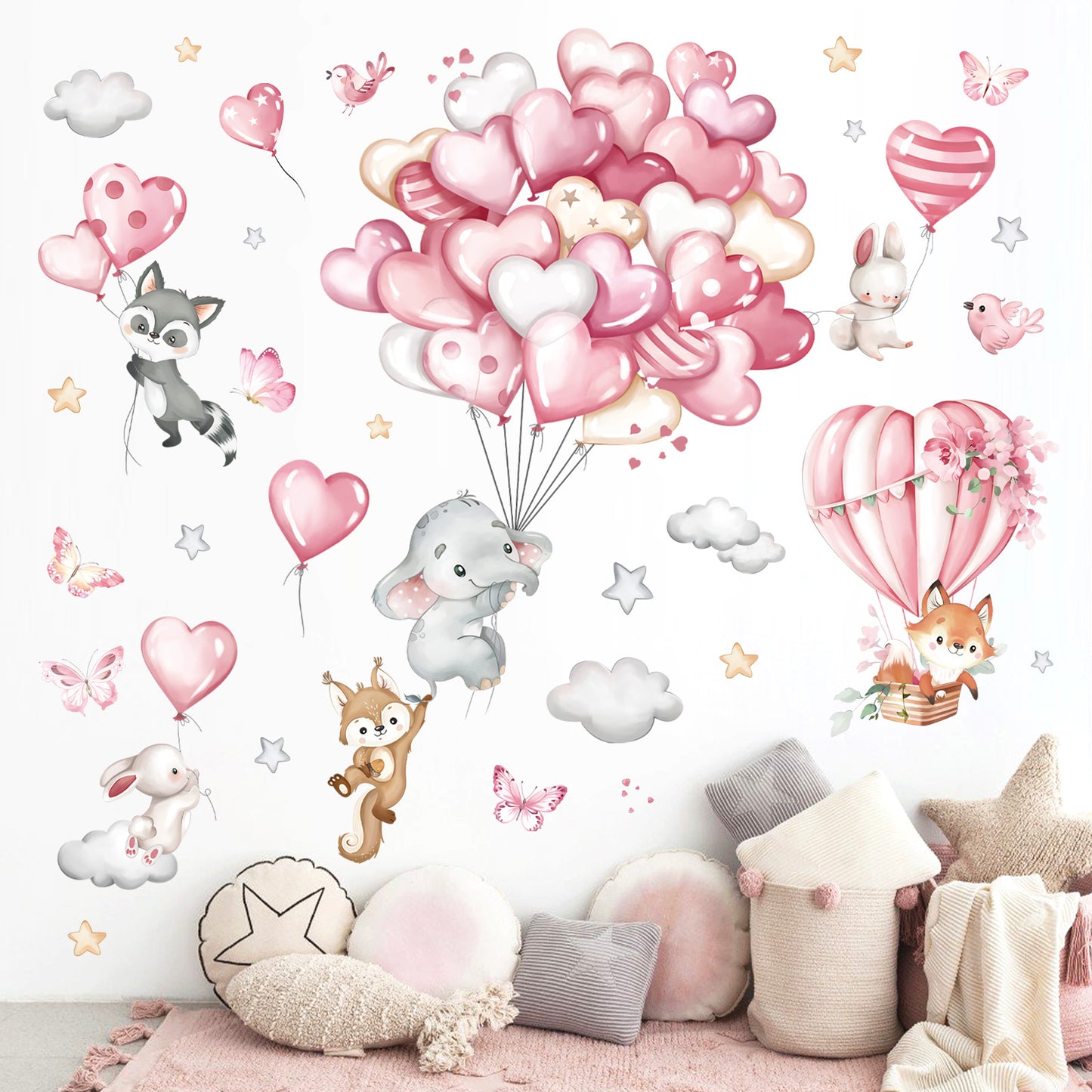 decalmile Forest Animals Pink Balloon Wall Decals Hot Air Balloon Elephant Fox Wall Stickers