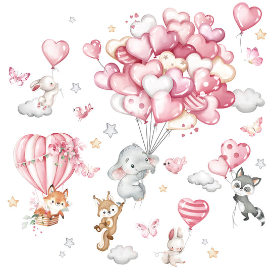 decalmile Forest Animals Pink Balloon Wall Decals Hot Air Balloon Elephant Fox Wall Stickers