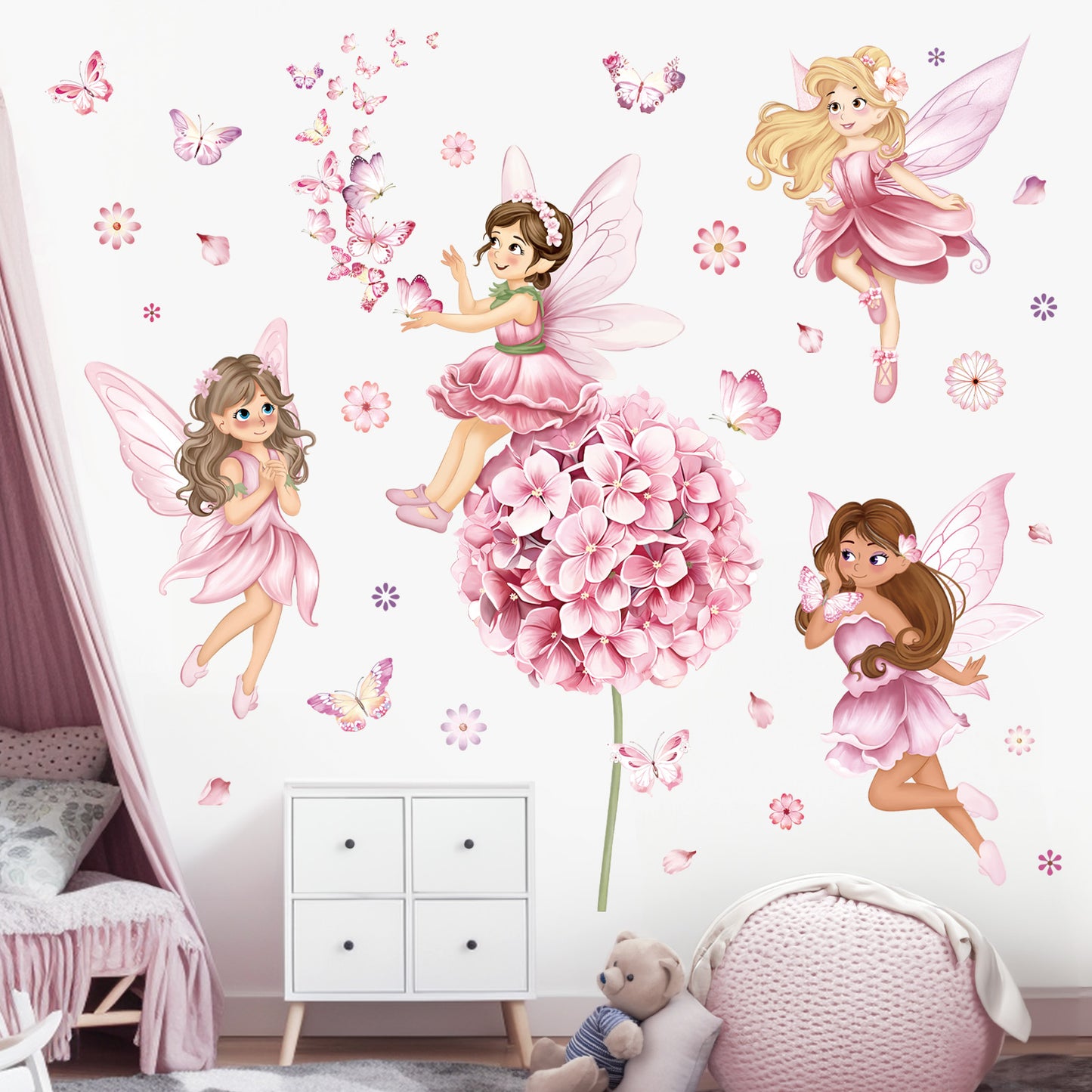 decalmile Fairy Girl with Flower Wall Decals Large Pink Dandelion Floral Butterfly Elves Wall Stickers