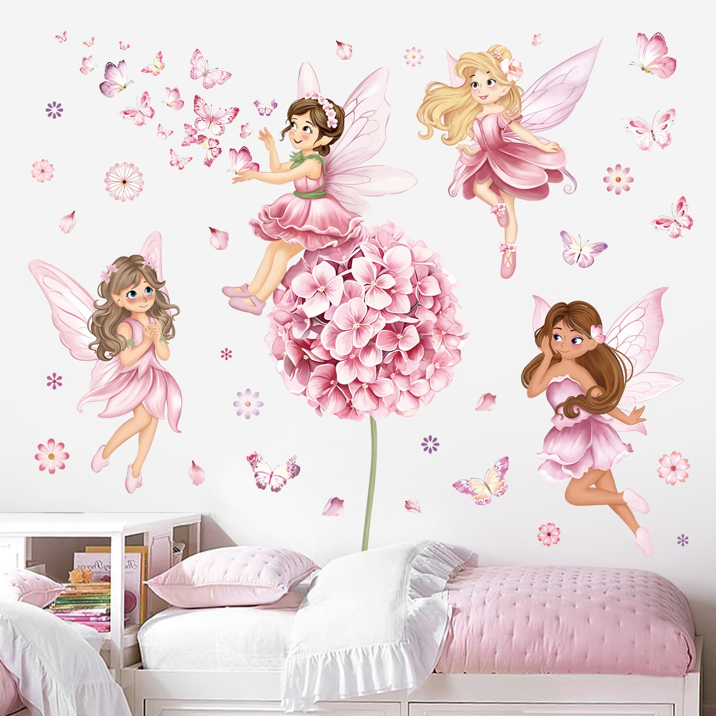 decalmile Fairy Girl with Flower Wall Decals Large Pink Dandelion Floral Butterfly Elves Wall Stickers