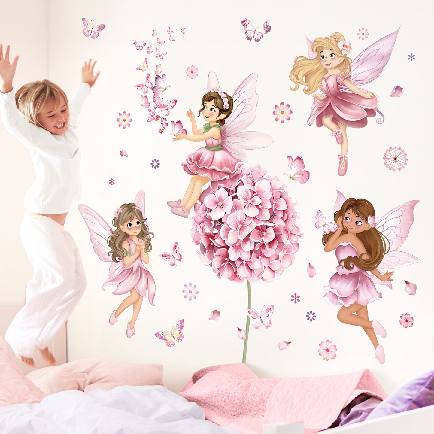 decalmile Fairy Girl with Flower Wall Decals Large Pink Dandelion Floral Butterfly Elves Wall Stickers