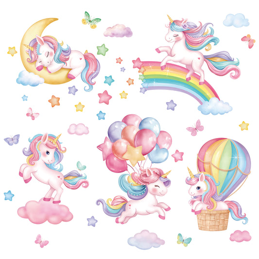 decalmile Sleeping Unicorn Rainbow Wall Decals Hot Air Balloon Moon Clouds Wall Stickers