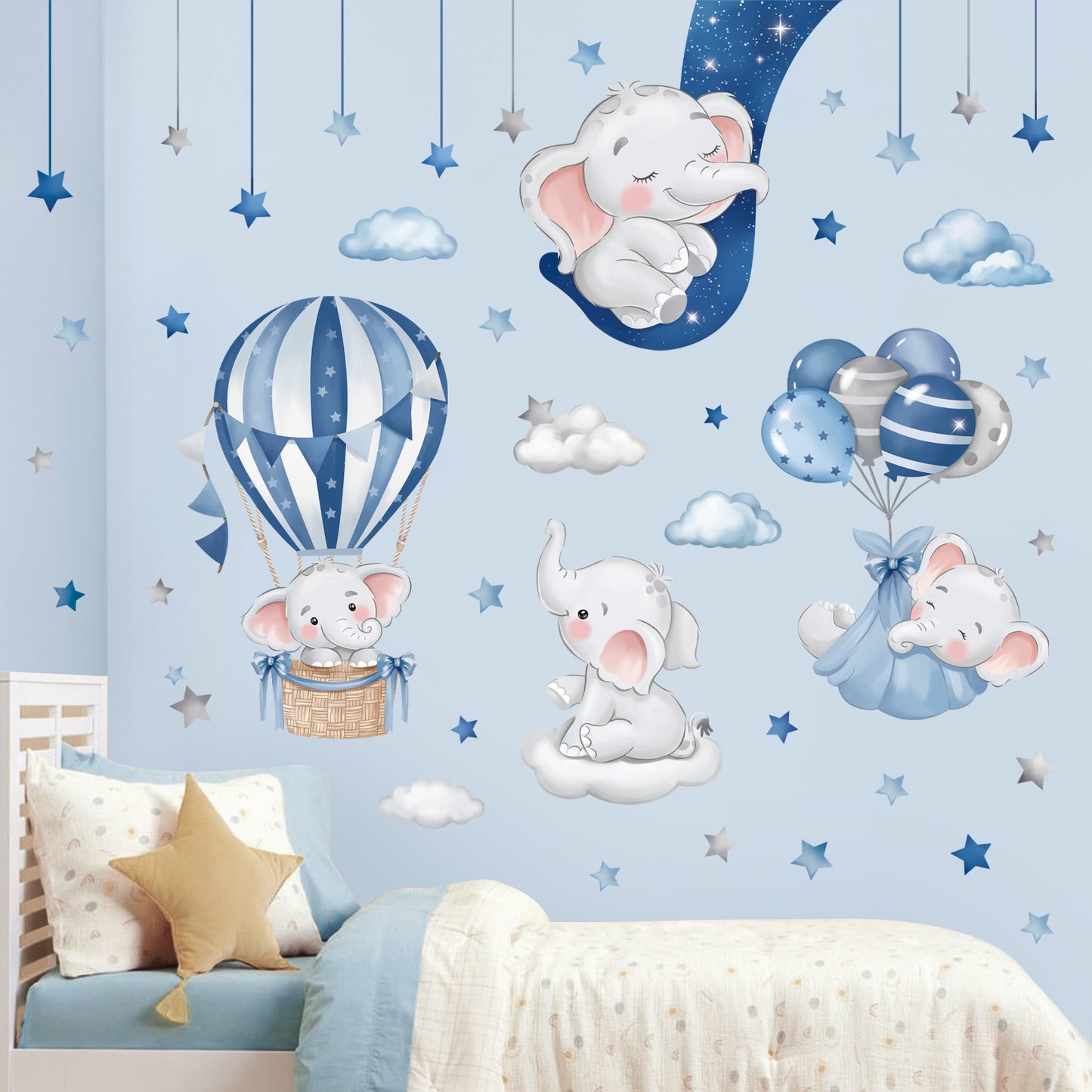 decalmile Blue Grey Sleeping Elephant Wall Decals Hot Air Balloon Moon Clouds Stars Wall Stickers