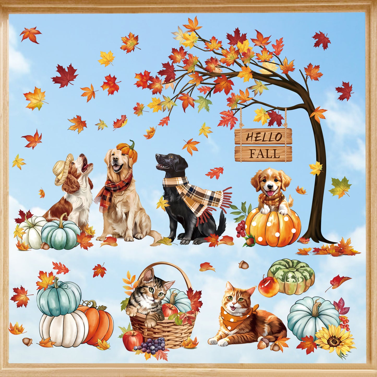 decalmile Hello Fall Thanksgiving Pumpkin Window Clings Dog Cat Autumn Maple Leaves Double Sided Anti-Collision Window Decals